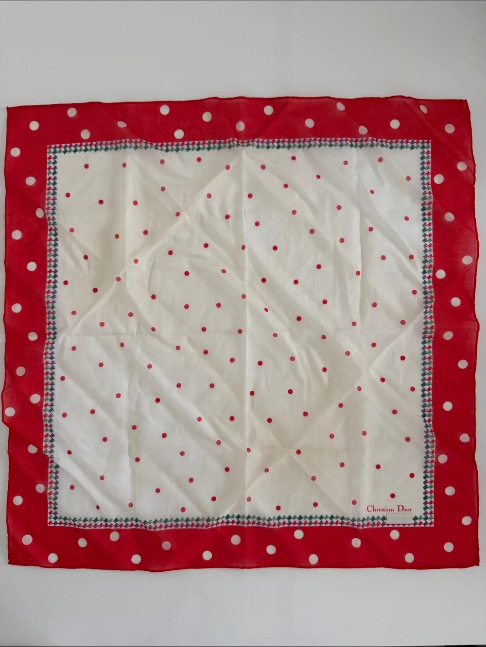 Dior Red and Cream Polka Dot Silk Scarf